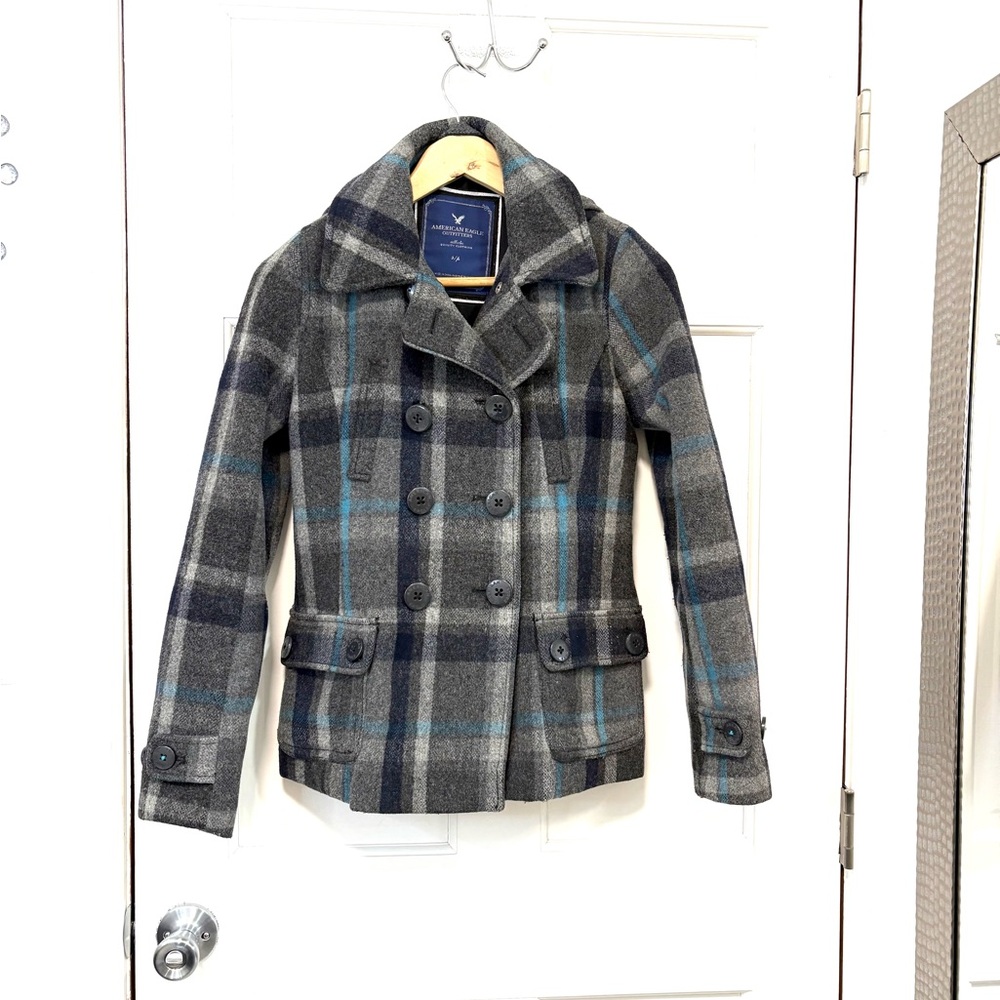 American Eagle Women’s Plaid Wool‎ Blend Pea Coat Jacket Gray Blue Hooded Sz S